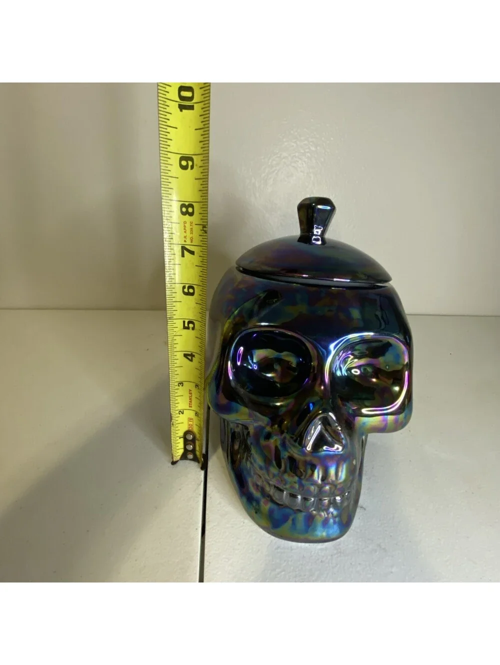 Day of the Dead Black Iridescent Oil Slick Ceramic Skull Head Real Size Jar